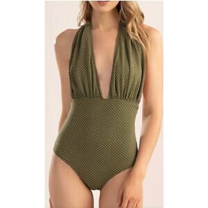 Shoshanna Olive Shine Texture Halter One Piece Swimsuit Womens 8 Metallic